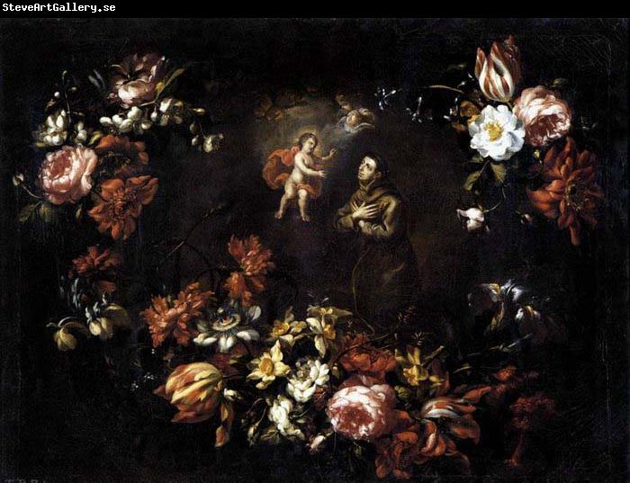 unknow artist Garland of Flowers with St Anthony of Padua